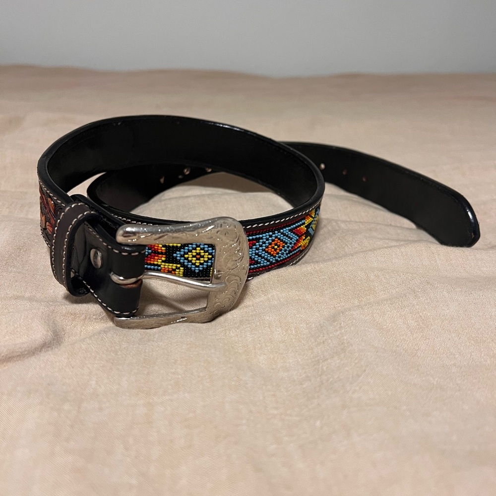 Elegant Black Belt with Colorful Beaded Pattern